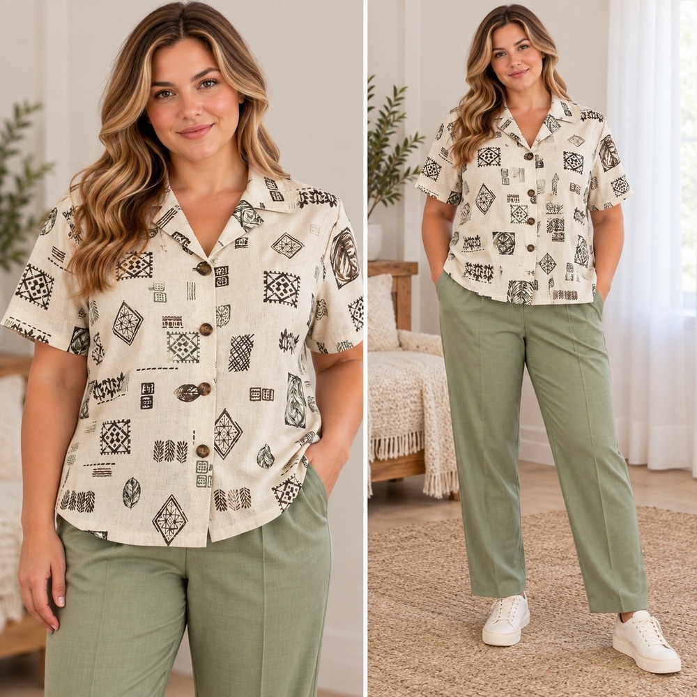 Briggs Vintage Tribal Print Shirt and Pants Two Piece Set Size L 12 Cottagecore